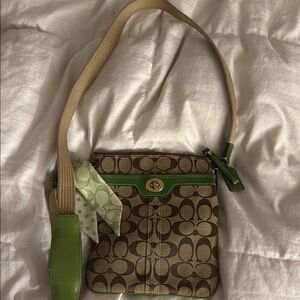 Coach Brown and Green Crossbody Bag with Monogram